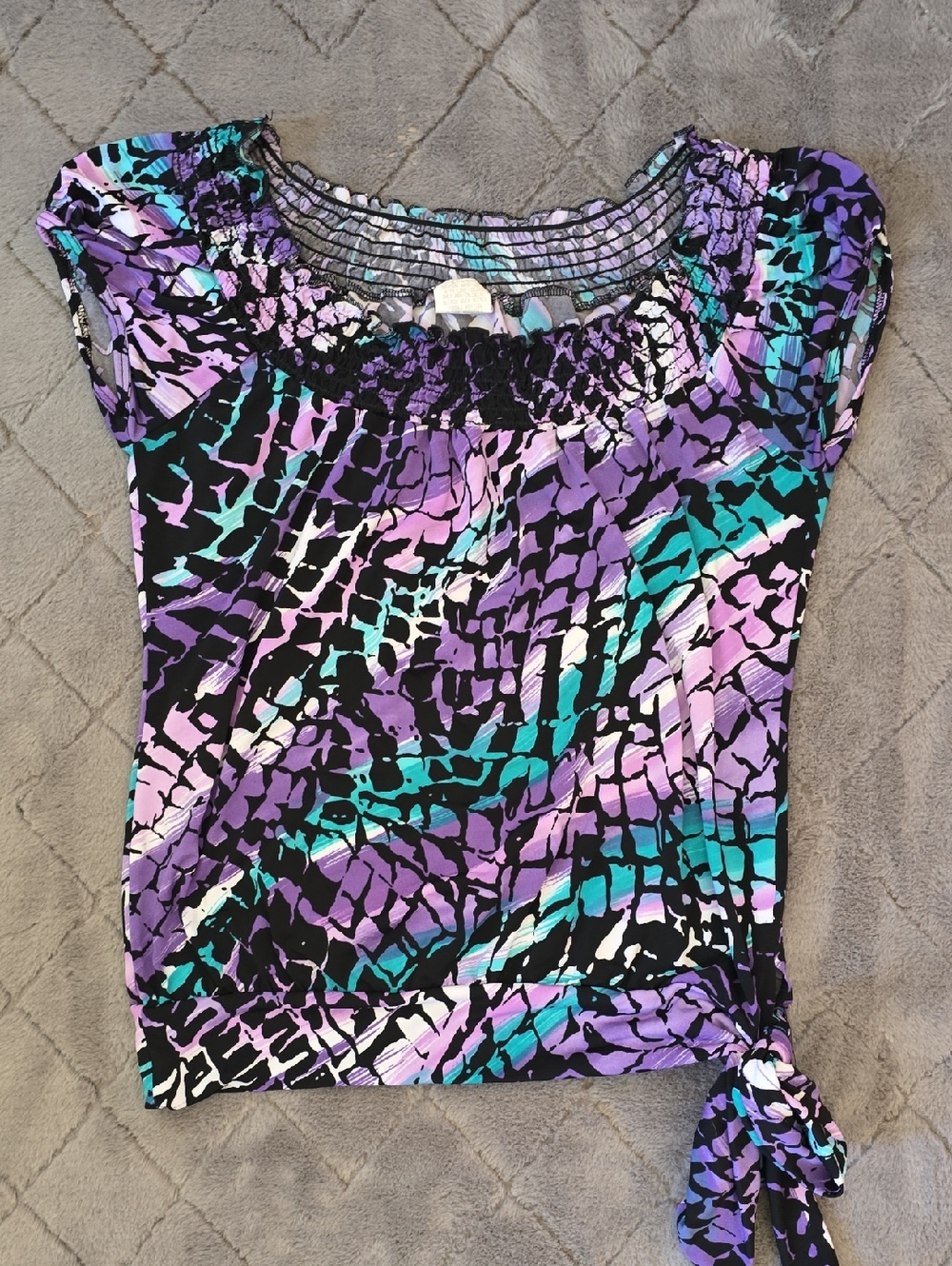HeartSoul Purple, Teal & Black Smocked Tie-Hem Crop Top